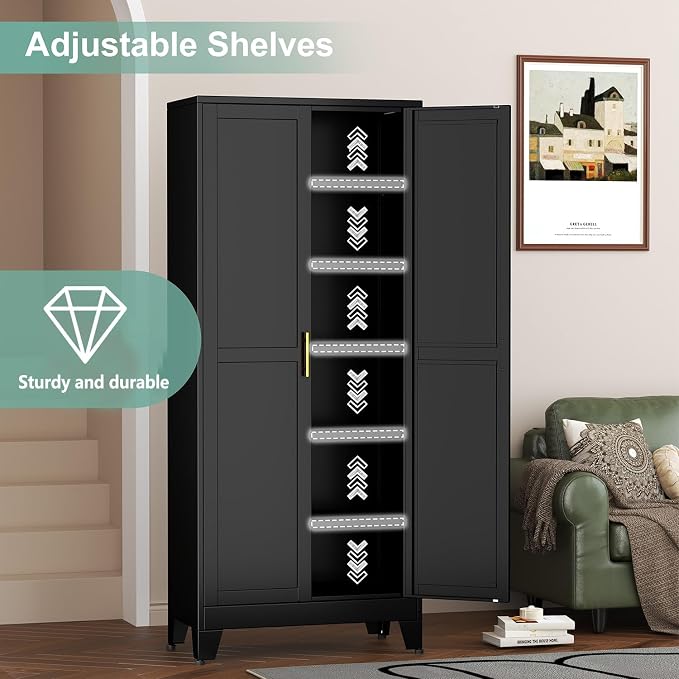 Metal Pantry Cabinet with 2 Doors and 5 Adjustable Shelves, 75"Kitchen Storage cabinets with Gold Handles, Versatile Storage for Laundry Room, Living Room, Bathroom, Dinning Room, Utility Room-Black