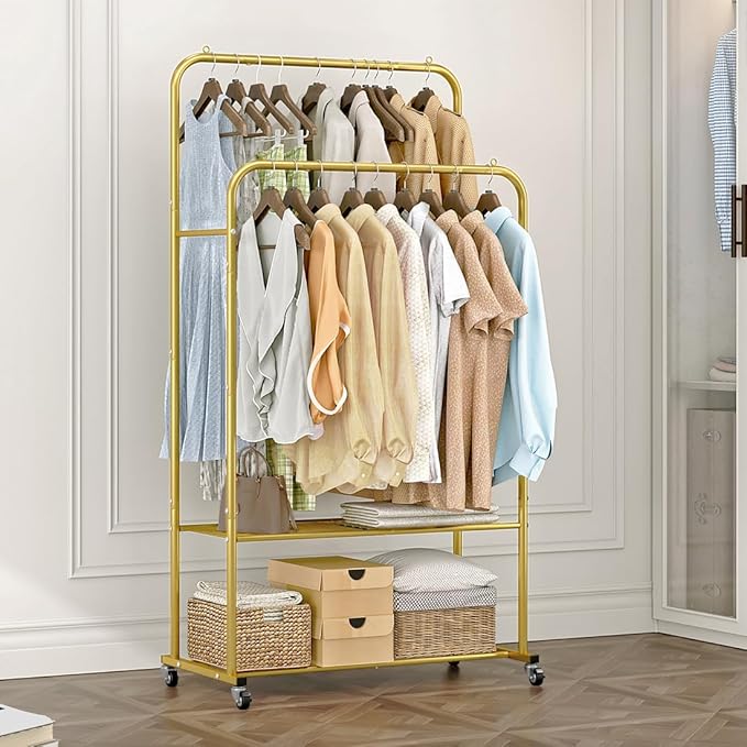 SUOERNUO Clothes Rack with Lockable Wheels Double Rods Metal Garment Racks | Portable Heavy-Duty Clothing Rack, Rolling Clothes Shelves for Bedroom Laundry Living Room, Gold