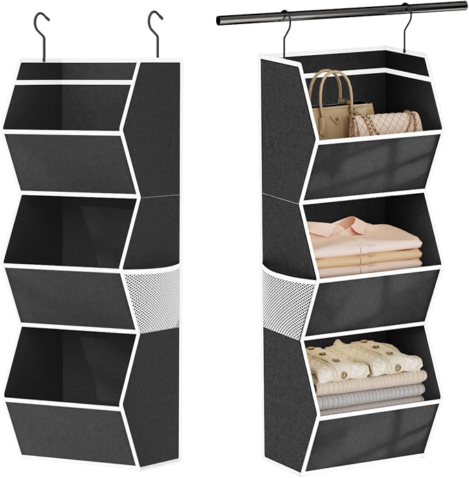 Hanging Closet Organizer 3 Shelf Collapsible Bedroom Closet Organizers and Storage Hanging with Mesh Pocket for Clothes, Closet Hanging Organizers and Storage for Fabric Wardrobe Space Saver, Black