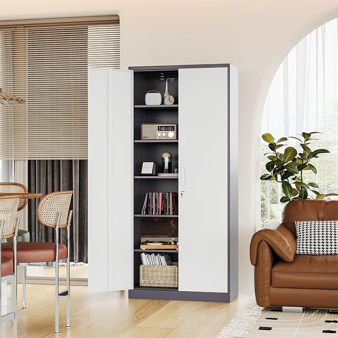 Fesbos Metal Cabinet Steel Storage Cabinet - 71” Tall Steel File Cabinets with Lockable Doors and 5 Adjustable Shelves Gray&White Storage Cabinets for Home, School, Office, Garage