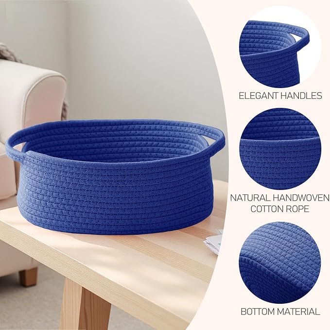 JMvicyroam Small Woven Basket, Empty Gift Basket, Navy Blue/3 Pack | Small Gift Basket, Cotton Rope, 12 x 8 x 29 in, Handles, Includes Ribbon and Bag, Birthday Gift Basket