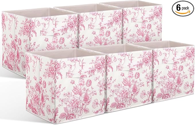 6 Pcs Pink Floral Cube Storage Bins 11 Inch Pink Flower Storage Basket with Handle, Preppy Girls Organizer Basket, Collapsible Fabric Box for Classroom Bedrooms Office Home Decoration Gift