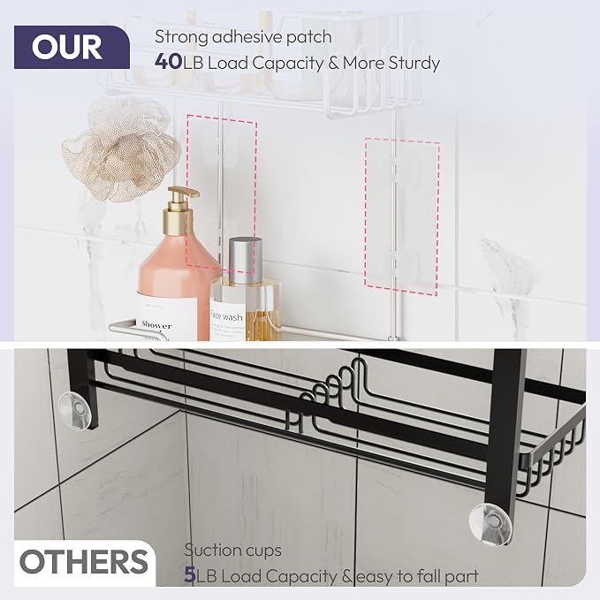 SWTYMIKI Bathroom Shower Caddy Hanging - Extended Length 2 Tier Rustproof Over Shower Head Organizer, No Drilling Bathroom Shelf with 14 Hooks & Soap Holder, Anti-Swing Rack, Sand Nickel