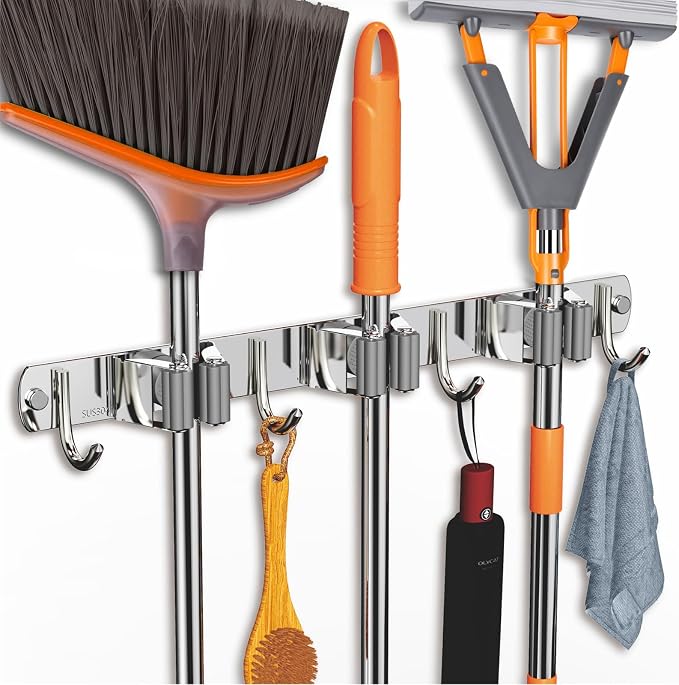 CUXIXA 2 Pack Mop and Broom Holder Wall Mount, Non-slip Broom Hanger, Heavy Duty Mop Broom Organizer for Kitchen Garden Garage Laundry Room Wall Decor Organization and Storage Silver 3R4H