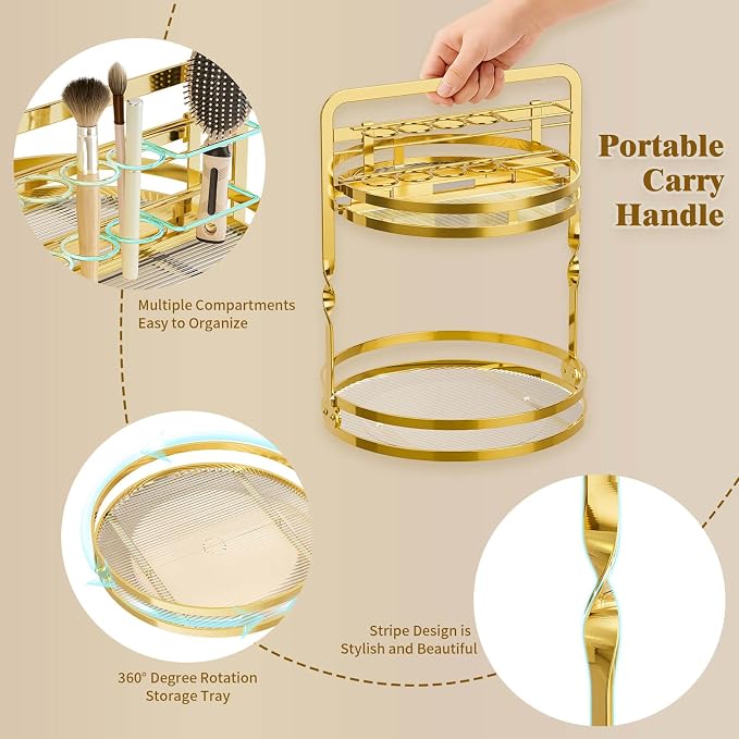 360°Rotating Makeup Organizer, Gold Bathroom Organizer Countertop | 2-Tier Bathroom Organizer Countertop, Lazy Susan Spinning Perfume Stand Vanity Tray Skincare Storage with Makeup Brush Holder