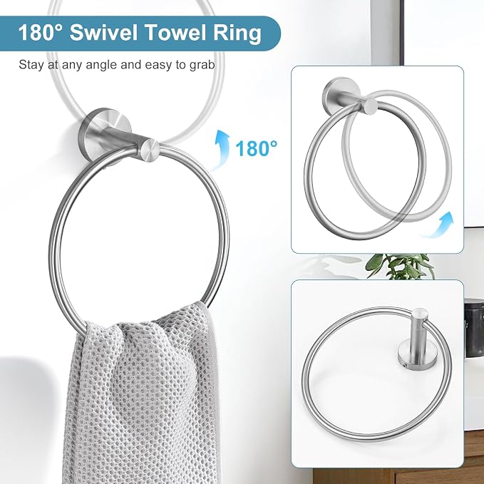 TQKAG Brushed Nickel Bathroom Hardware Accessories Set - 10-Piece Premium SUS304 Stainless Steel Towel Bar Holder Set with 23.6 Inch Round Towel Racks for Wall Mounted Bathroom