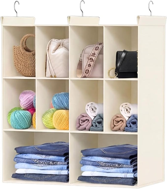 3 Tier Hanging Closet Organizer, 10 Compartments Dual Row Storage, Beige | Closet Organizers and Storage with Large & Small Pockets, 3 Sturdy Hooks Support Heavy Loads, for Dorm, RV, Garment Rack