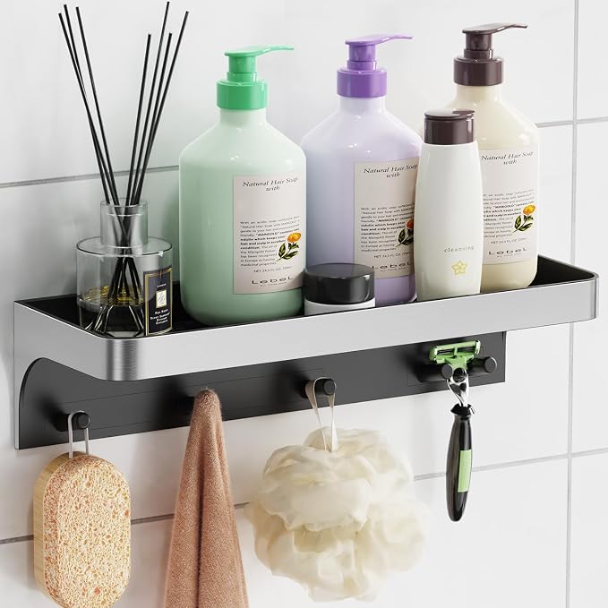 Shower Caddy Adhesive with 5 Hooks & Drainage, No-Drill, Silver | Plastic Wall Bathroom Shelf Rack Organizer, Inside Shower Storage Holder for Bath Accessories, Rustproof Bathroom Shelves