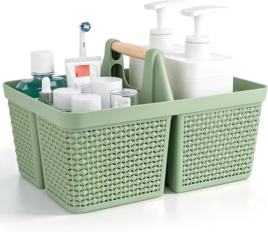UUJOLY Portable Plastic Shower Caddy Basket with Wooden Handle, Green | Divided Storage Organizer Tote for Bathroom, Dorm, College, Kitchen & RV – Lightweight, Easy-Carry Essentials Caddy