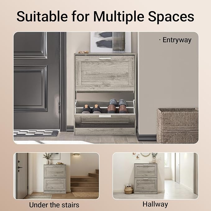 Haotian Enclosed Shoe Rack for Entryway | Shoe Cabinet with 2 Flip Drawers, Slim Shoe Storage Organizer for Hallway or Small Spaces, Grey, FSR137-HG