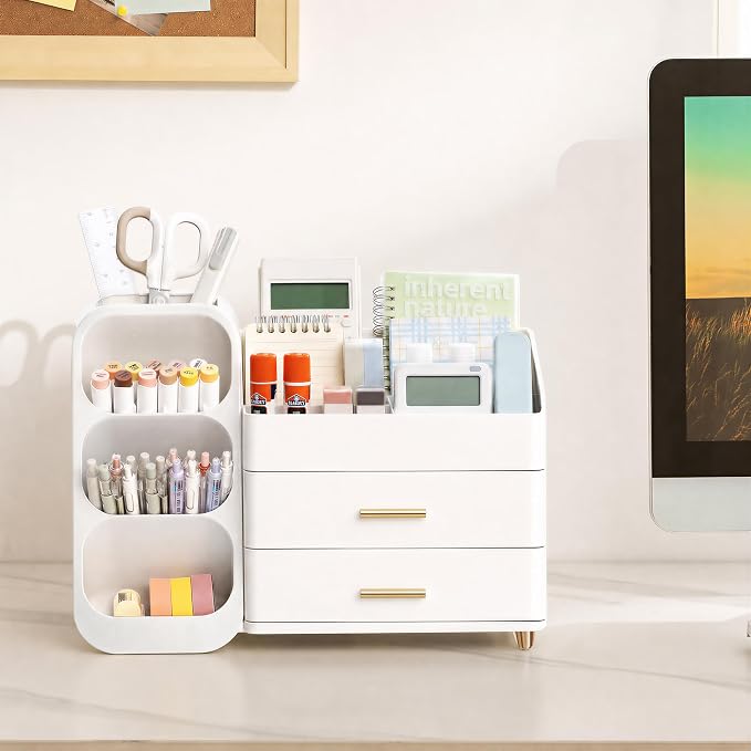 HBlife Desk Organizer with Pen Pencil Holder for Desk, Pen Organizer with 2 Drawers, Desk Organizers and Accessories with 4 Compartments, Desktop Storage for Office Home School Art Supplies, All White