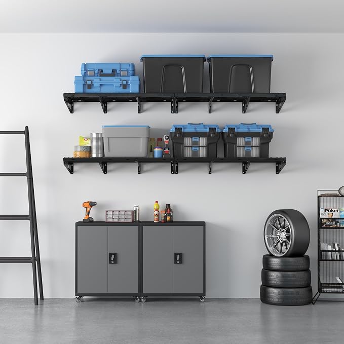 FLEXIMOUNTS 2x4ft Garage Storage, 4 Pack Garage Wall Shelving, Black | 24x48 in, 1320 lb Capacity, Heavy-Duty Steel, For Garage & Workshop, Storage Bins, Garden Tools, Pro Series
