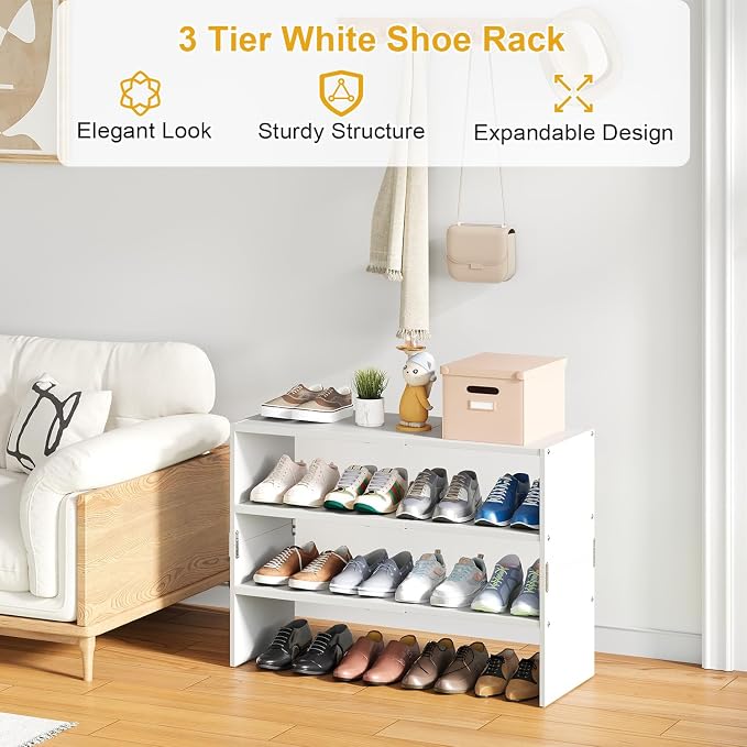 White Shoe Rack Organizer for Closet, 3-Tier Expandable Shoe Shelf, Stackable Iron Wood Combination Shoe Racks Shelves for Closets, Entryway,Small Space,Hallway,Garage,Holds 8-16 Pairs of Shoes