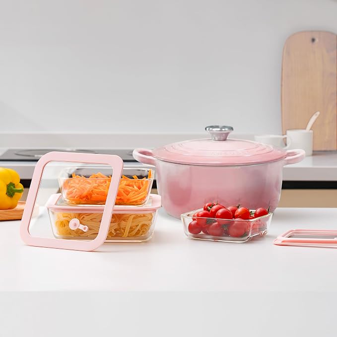 Glass Food Container Set with Glass Lid, 5 Pack, Meal Prep Containers with Silicone Framed Airtight Lid, Leakproof, 100% Plastic Free