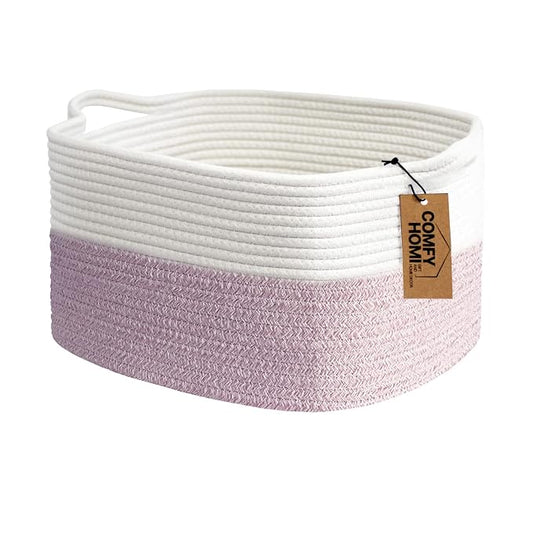 COMFY-HOMI Cotton Rope Woven Basket with Handles for Shelves,Toys,Book, Cloth Storage Baskets Bin for Organizing- 1 PCSToy Decorative Organizer for Living Room, Bathroom