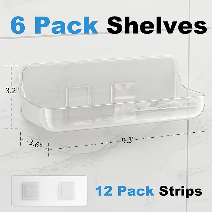 Adhesive Bathroom Shelves, 6 Pack Acryilc No Drill Stick on Shelf
