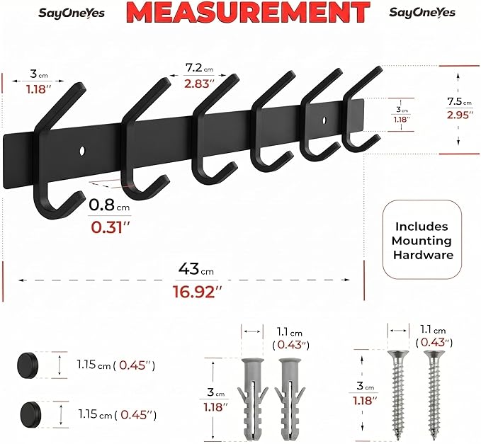 Coat Rack Wall Mount – 17 Inch Stainless Steel Hook Rail with 6 Double Coat Hooks for Hanging – Wall Mounted Entryway Organizer for Coats, Hats, Bags, Towels, Robes, Closet or Bathroom - Black 4 Pack