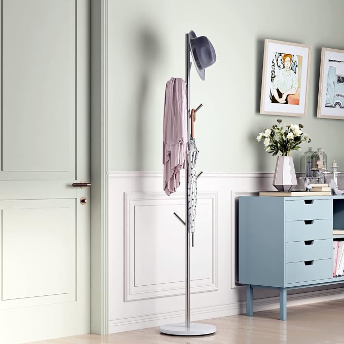 Silver Coat Racks with 8 Hooks, Branches Coat Tree Entryway, Freestanding | Modern Hat Rack, Easy to Assemble, Heavy Stable Marble Base