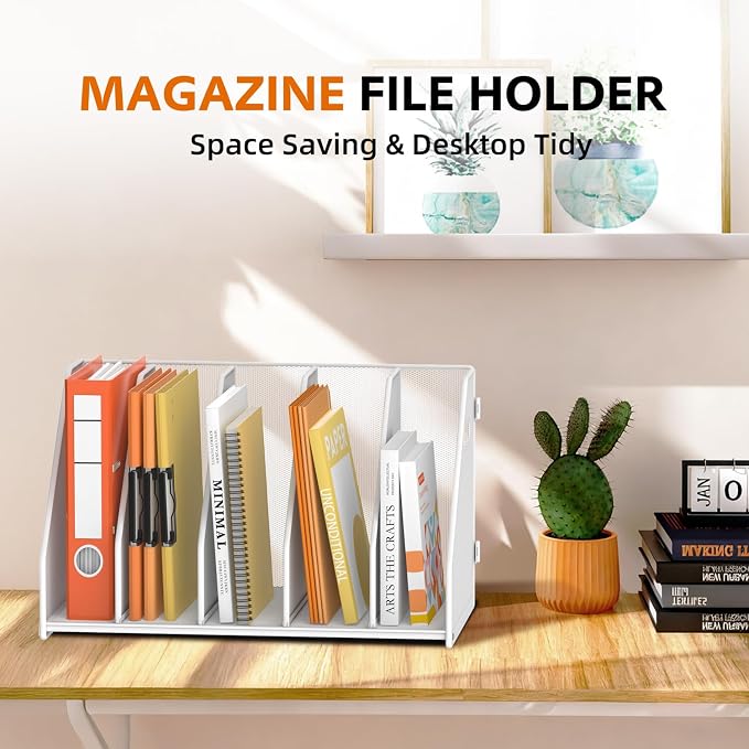 SUPEASY Binder Organizer, Magazine File Holder with 5 Vertical Rack, White | Metal Desk File Organizer & Binder Holders, Magazine Organizers for Office Desktop, Home, School, Classroom