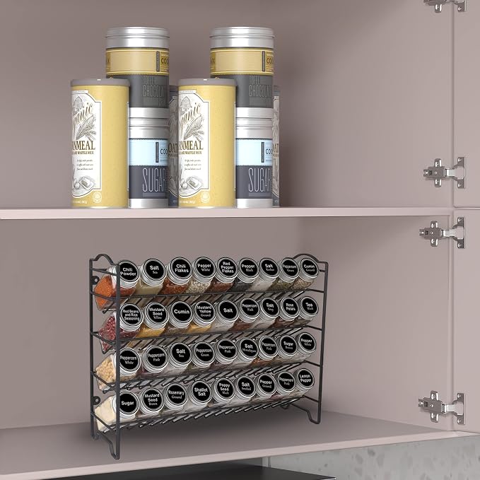 SWOMMOLY Spice Rack Organizer with 36 Spice Jars 4 oz, 396 Spice Labels | Chalk Marker, Funnel Set, Spice Organizer for Cabinet, Countertop, Pantry, Cupboard & Wall Mount, 16.5" W × 12.6" H, Black