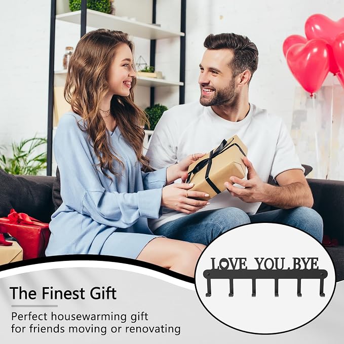 Key Holder for Wall - 'Love You Bye' Key Hooks, Black, 6 Hooks | Key Holder Wall Mount Self Adhesive, Key Rack Wall Mount for Wall No Drill for Living Room, Kitchen, Bathroom, Garage