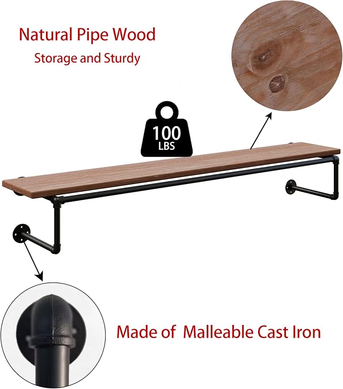 Clothes Rack 60in, Wall Mounted Garment Racks with Real Wood Shelf, Heavy Duty Hanging Clothes Rack, Multi-Purpose Hanging Rod, Space-Saving Closet Storage