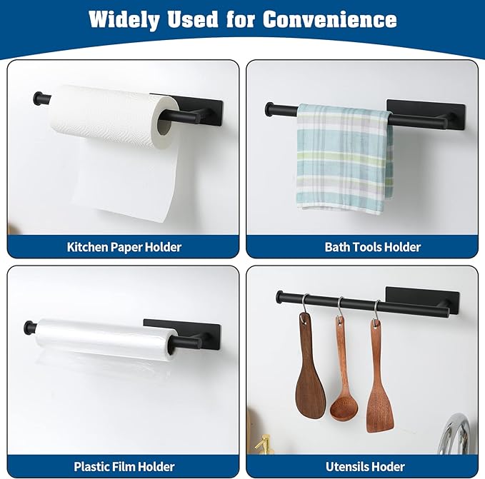 theaoo Under Cabinet Paper Towel Holder for Kitchen, Adhesive, Black | Wall Mounted Paper Towel Roll Rack for Bathroom or Kitchen, SUS304 Stainless Steel, Self-Adhesive or Screw Installation