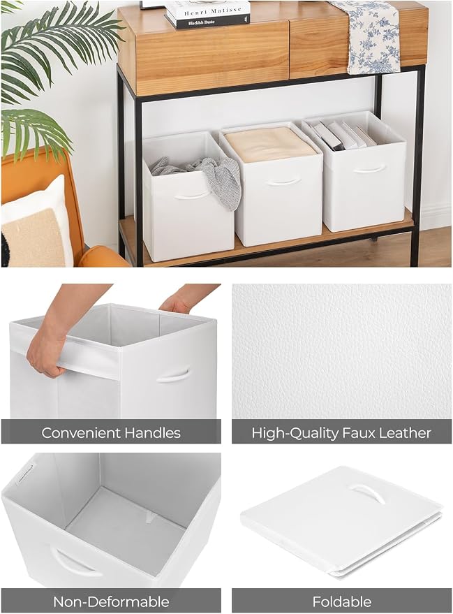 StorageWorks White Storage Cubes, 11-inch Leather Bins with Handle, Cube Organizer Baskets for Shelves and Closet, Collapsible Storage Bins, 4-Pack