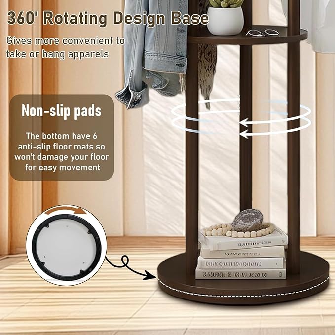 YYW 360° Wood Coat Rack Stand With Hooks And Shelves Standing Organizer | Free Standing Rotating Organizer, Includes 9 Hooks And 3 Shelves, Perfect For Bedroom, Hallway, Small Space