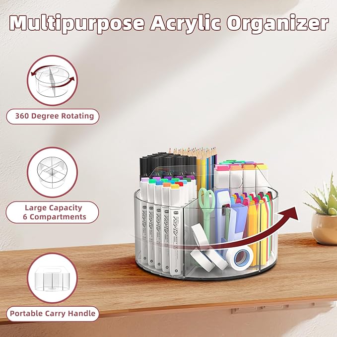 250pcs Acrylic Pencil Holder Marker Organizer, 360-Degree Rotating Pen Holder, Crayon Organizers for Kids Pencil Organizer Caddy Art Supply Lazy Susan Organizer for Desk Home School Office
