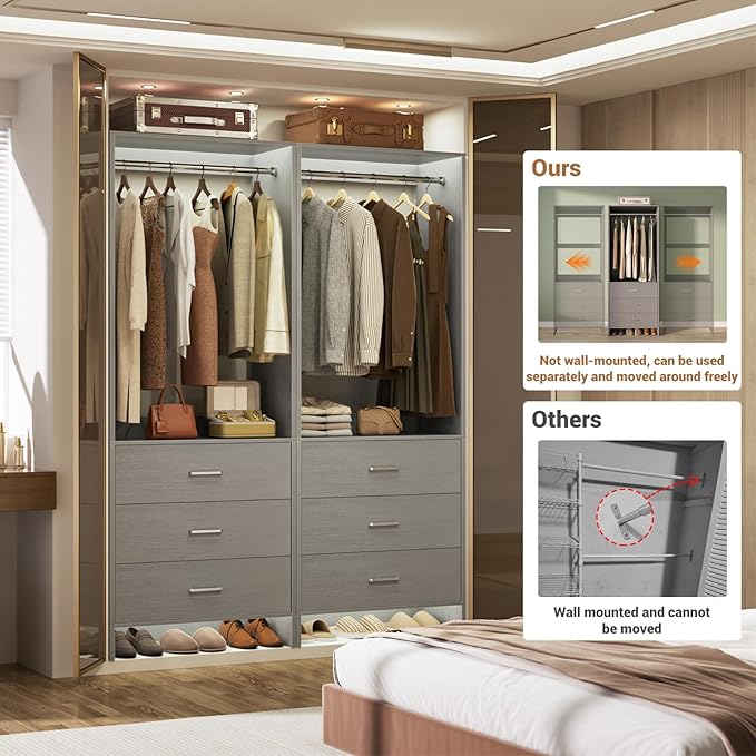 Aheaplus Closet System Closet Organizer, Wood Closet Organizer System, Walk-in Closet or Small Closets Wardrobe, Clothes Rack with Hanging Rods, 4FT Closets, Set of 2, , Grey