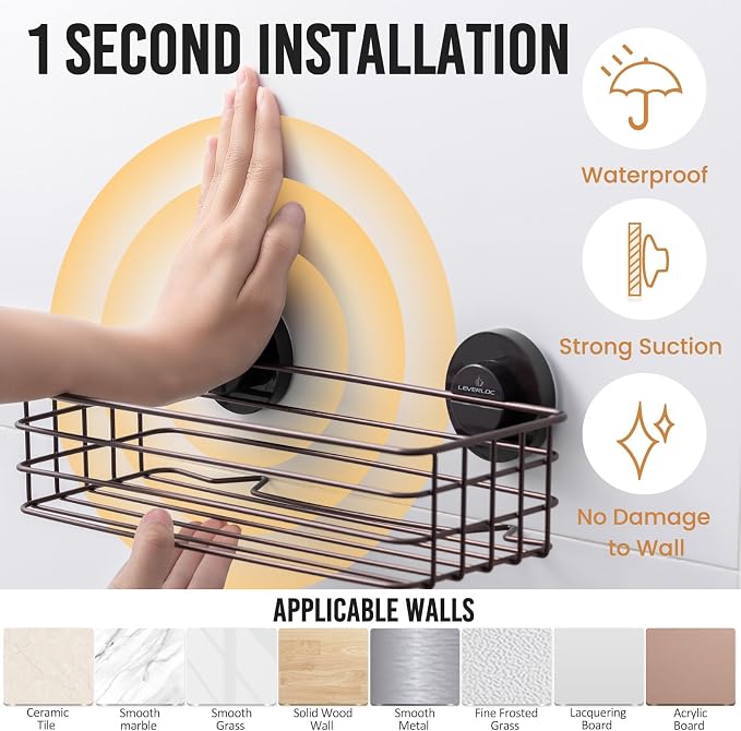 LEVERLOC Shower Caddy Suction Cup, 2 Pack Shelves for Inside with Hooks | Brown Shower Storage, Rustproof Meatl Bathroom Basket, Soap Holder, NO-Drilling Shower Holder