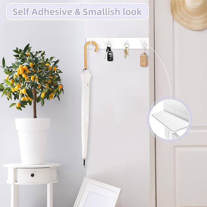 VIS'V Key Holder Wall Mount, Large Adhesive Key Hanger with 4 Hooks, White | Metal Material, No Drilling, Extra Adhesive Strip, Suitable for Entryway, Hallway, Doorway, Kitchen, Garage, Camper