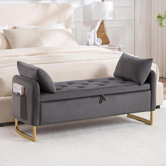 48" End of Bed Bench, Modern Storage Benches with Button-Tufted, Velvet Upholstered Storage Ottoman Bench for Foot of Bed with Arms, Gold Legs Window and Entryway, Dark Grey