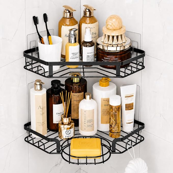 Corner Shower Caddy, Rustproof Shower Organizer with Soap Holder and 8 Hooks, No Drilling Adhesive Shower Shelves for Inside Shower, Large Capacity Shower Rack for Bathroom Shower Storage, Black