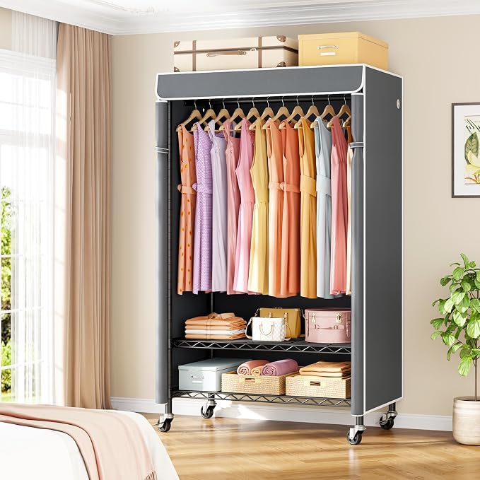 P6C Rolling Clothes Rack with Cover, 3-Tier Covered Clothing Rack | Portable Closets for Hanging Clothes, Heavy Duty Garment Rack on Wheels, Black Closet Rack with Gray Cover, Max Load 365LBS