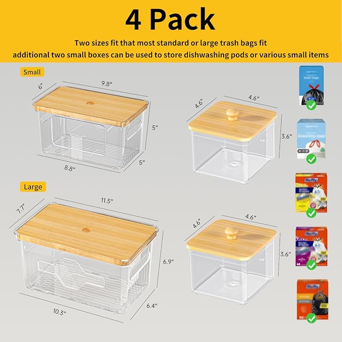 4 Pack Trash Bag Holder with Bamboo Lid, Stackable Garbage Bag Dispenser Under Sink, Storage Organizer for Kitchen, Laundry, Pantry (S+S+M+L)