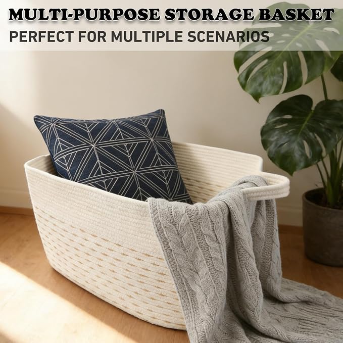 96L Extra Large Cotton Rope Laundry Basket with Sturdy Handles | 24x16x15 Foldable Rectangular Blanket Basket for Toys, Clothes & Pillows,Ideal for Nursery, Bathroom, Bedroom, Living Room