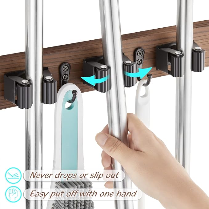 OUTNILI Mop and Broom Holder Wall Mount - Wood Broom Mop Hanger - Wall Mounted Garden Tool Rack Organizer for Closet Garage Laundry Room, Rustic Kitchen Decor With 4 Slots & 4 Hooks