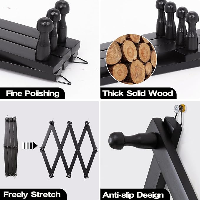 SCUNDA Wall Rack with 10 Hooks, Wooden Wall Expandable Coat Rack for Coat, Hats, Baseball Caps, Coffee Mug, Jewelry(Black)