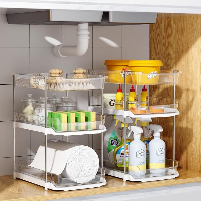 Delamu 2 Sets of 3-Tier Bathroom Under Sink Organizers and Storage, Multi-Purpose Stackable Pantry Organization and Storage, Pull Out Clear Kitchen Bathroom Cabinet Organizer with Movable Dividers | Storage