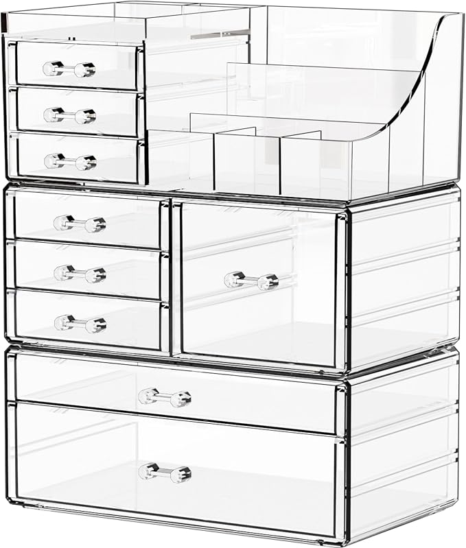3 Pack Clear Makeup Organizer Countertop for Dresser,Vanity and Bathroom Counter Organizer,Tiered Stackable Makeup Acrylic Organizers with 9 Drawer for Skincare,Brush and Make up Holders