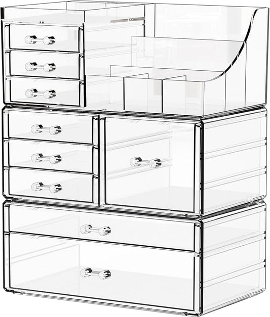 3 Pack Clear Makeup Organizer Countertop for Dresser,Vanity and Bathroom Counter Organizer,Tiered Stackable Makeup Acrylic Organizers with 9 Drawer for Skincare,Brush and Make up Holders