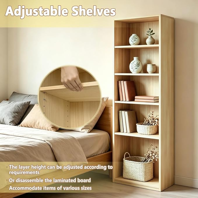 CTESNE【2026 Adjustable Shelves 5-Tier Bookcase, 71 inches, Wooden Open Display Floor Bookshelf (Oak Color)