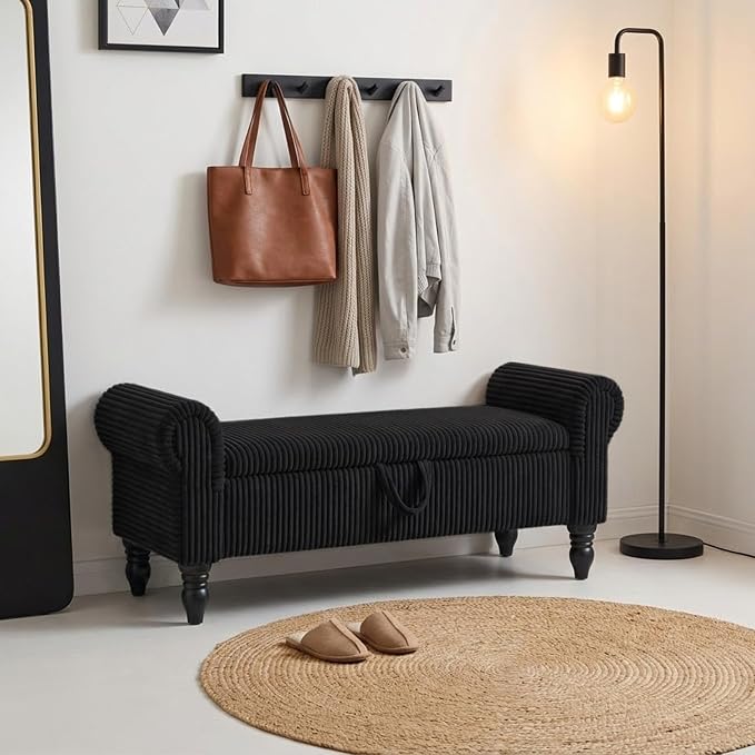 55" Corduroy Storage Ottoman Bench, Queen Bed, Black | End of Bed, Bedroom/Entryway/Closet, Window Seat, Lift-Top Storage, Tufted Button, Solid Wood Legs, for Queen & King