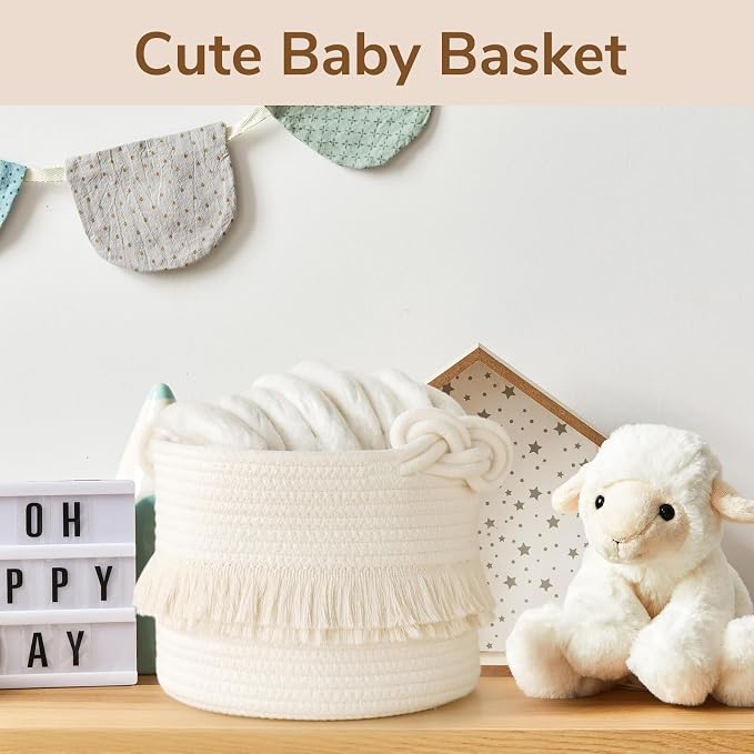 CherryNow Small Woven Rope Baby Basket with Tassel, 9.5" x 7", Off-White | Cute Storage Basket for Baby Shower, Toys & Daily Essentials, Fits Nursery Living Room Decor, with Knotted Handles