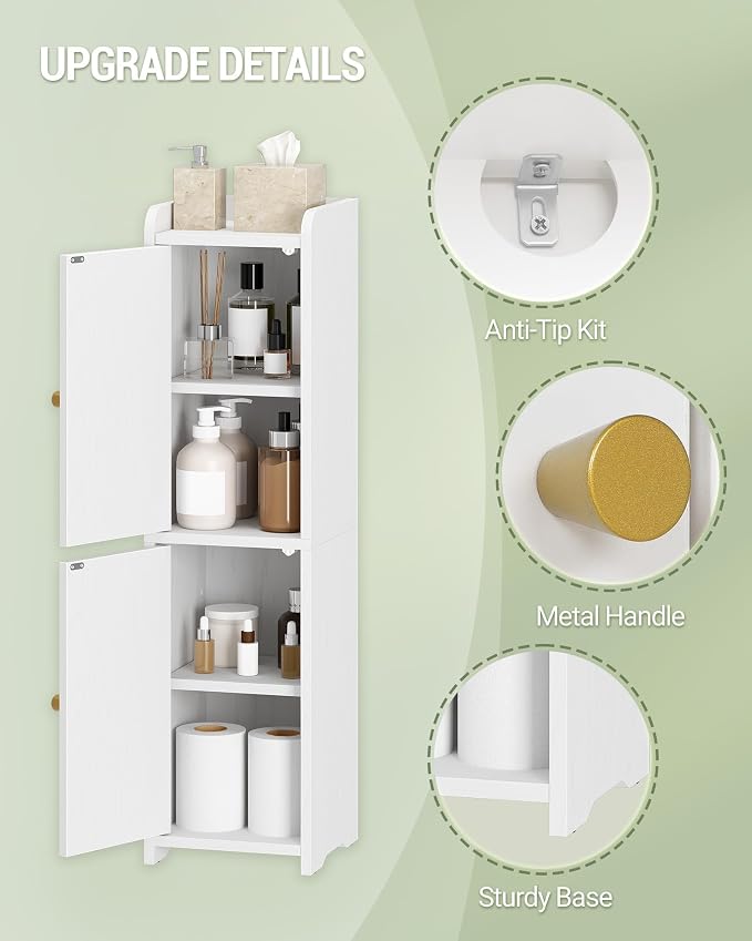 Hzuaneri Bathroom Storage Cabinet, Small Corner Floor Cabinet with 2 Doors | Narrow Toilet Paper Cabinets with Adjustable Shelf, Bathroom Organizer for Small Spaces, 7.9" D x 7.9" W x 29.5" H White