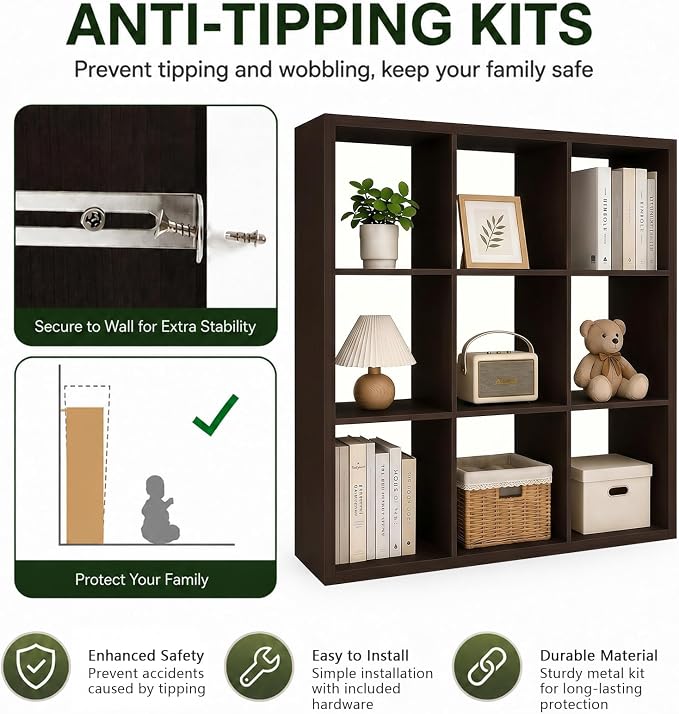 CTESNE【Wooden Thick Frame 9 Cube Storage Organizer Shelf with Anti-Tipping Kits + Reversible Open Back Bookcase, Horizontal and Vertical Dual-use Standing Bookshelf（Chocolate,13inch）