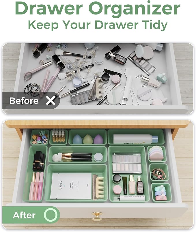 BiuLeon 25 PCS Plastic Drawer Organizers Set, 4-Sizes Vanity and Makeup Organizer, Desk and bathroom Drawer Organizer Trays, Organizers and Storage for Makeup, Jewelry, Gadgets, Utensils (Green)
