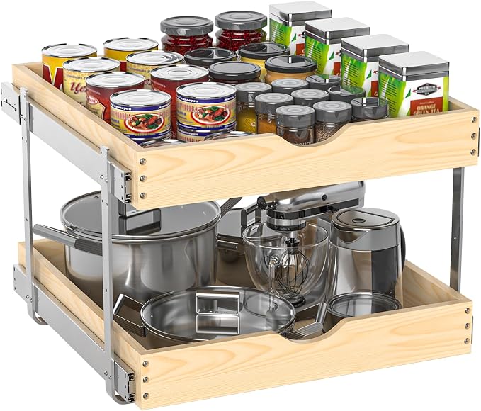 21" Deep 2-Tier Pull Out Cabinet Organizer - Wood Pull Out Drawers | Slide Out Shelves, Full-Extension, Ball-Bearing Slides, 3 Adjustable Heights (2-Tier, 20''W X 21''D Overall)